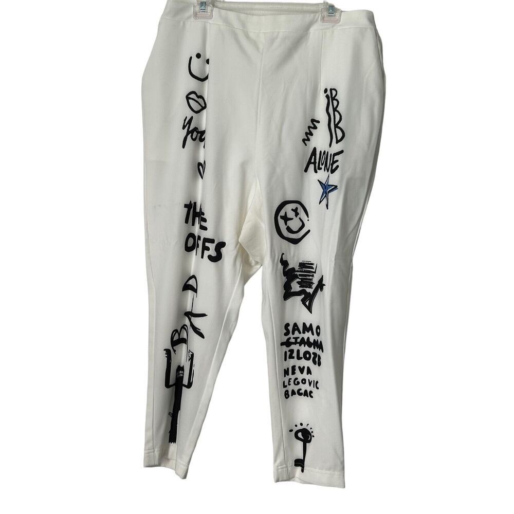L'atiste Womens Pants Size 3X White Pull on Black Graffiti Print Art to Wear